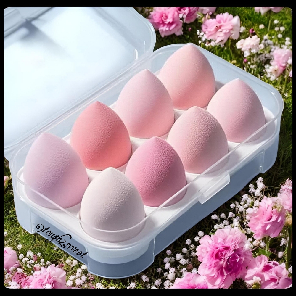 🆕️LAST SET🩷BABY POWDER PINK MAKEUP SPONGE SET OF 8 W/PLASTIC PROTECTIVE CASE